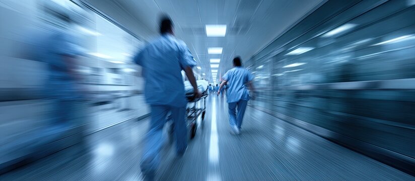 A blurred motion shot depicts medical personnel rushing down a brightly lit hospital corridor with a gurney, conveying a sense of urgency and healthcare activity.