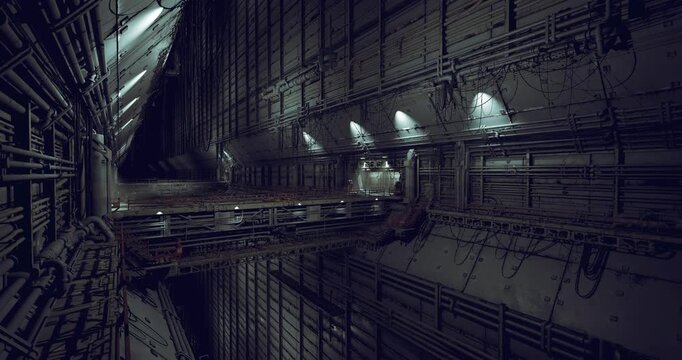 dark industrial cargo bay interior towering metal beams and catwalks, hanging lamps casting long shadows, massive bulkhead doors, coiled cables and rusted