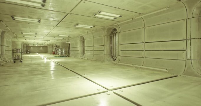 empty metallic hangar corridor with porthole and distant equipment, minimalist hightech atmosphere, glossy floor reflecting fluorescent panels, maintenance cart