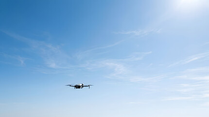 Fototapeta na wymiar Drone in Flight: A modern drone soars gracefully against a bright blue sky, capturing the essence of aerial technology and modern exploration.