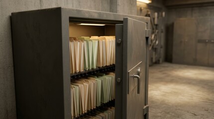 Obraz premium Medium shot of a fireproof cabinet door slightly open revealing neatly organized title policy files inside background softly blurred in a dimly lit vault room.