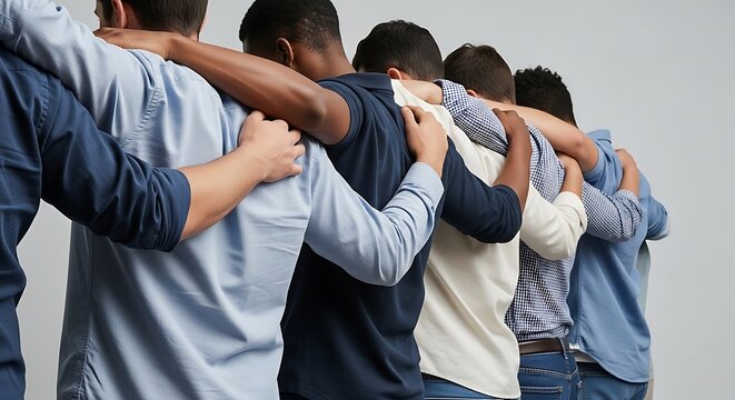 Group of diverse men standing together in unity and support.