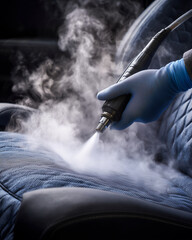 Fototapeta premium Professional steam cleaning of a blue quilted car seat. Close-up of a worker in gloves using a steam pressure nozzle to deep clean and disinfect vehicle upholstery from dirt and stains