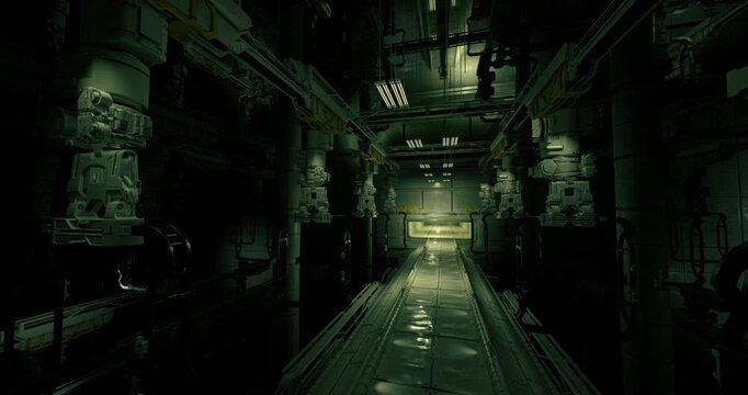 isolated engine corridor with central rail and shadows, heavy machinery and conduit lining narrow passage, tense abandoned yet operational atmosphere