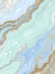 Fototapeta premium Layers of mint green, soft blue, and warm beige swirl together, accented by flashes of gold Generative AI