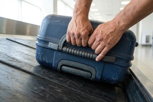 Traveler hands grabbing a dark blue hardshell suitcase from a black rubber airport baggage carousel conveyor belt