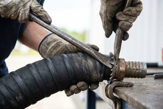 Mechanic wearing gloves using a pry bar tool to remove a metal band clamp from a thick black rubber hose