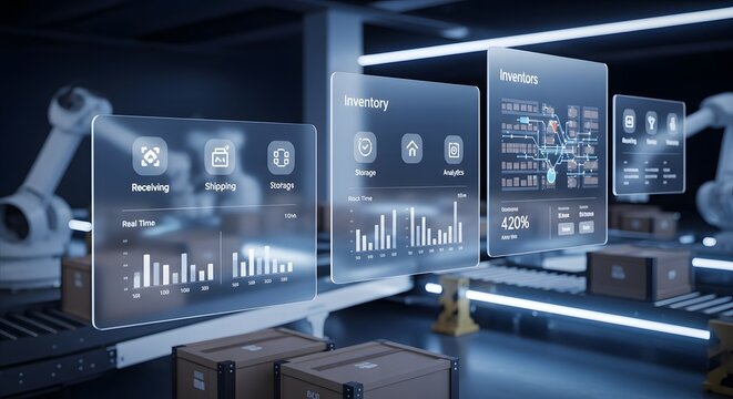 Futuristic software interface for inventory automation transparent UI cards minimal icons