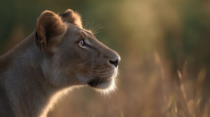 Obraz premium A lioness in profile, bathed in golden light, gazing with focused intensity