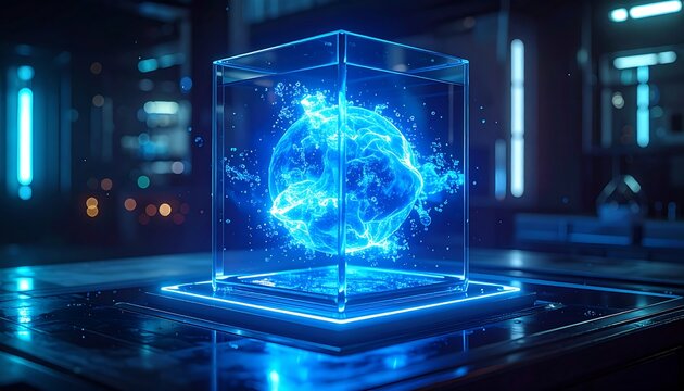 青く発光する立方体が浮かぶ近未来空間でデータを表現するテクノロジービジュアル