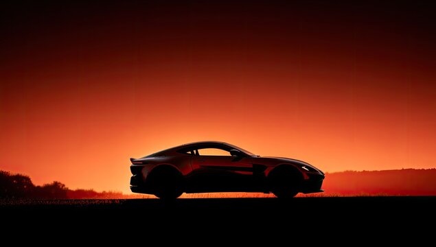 A sleek, black sports car is silhouetted against a vibrant orange and red sunset, creating a striking and dynamic visual.