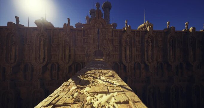 ceremonial stone causeway stretching toward gate, carved balustrades and pedestals line approach, sunrise backlight highlights ornate portals, processionready