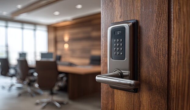 A modern digital keypad door lock is prominently featured on a wooden door.