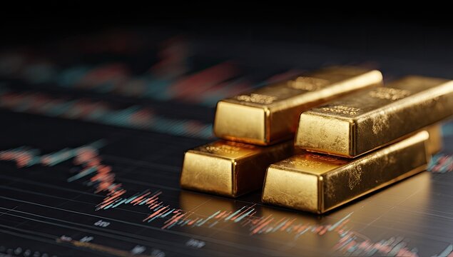 A close-up shot showcases a stack of gleaming gold bars against a blurred backdrop of a financial market graph, symbolizing wealth and investment.