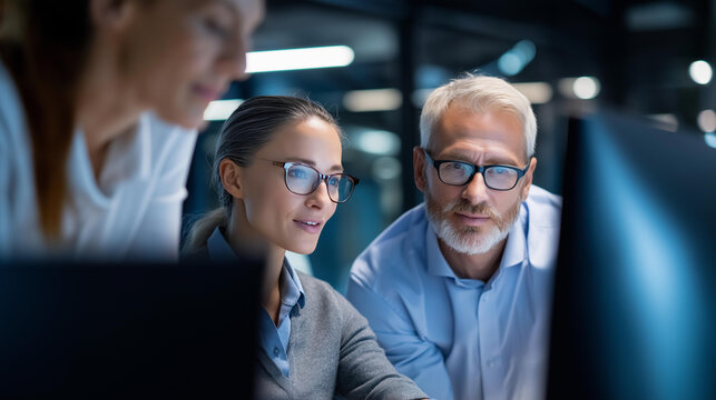 Faceless diverse team of automotive engineers working in an office at a car manufacturing factory, discussing electric engine parts and technological applications. Defocused