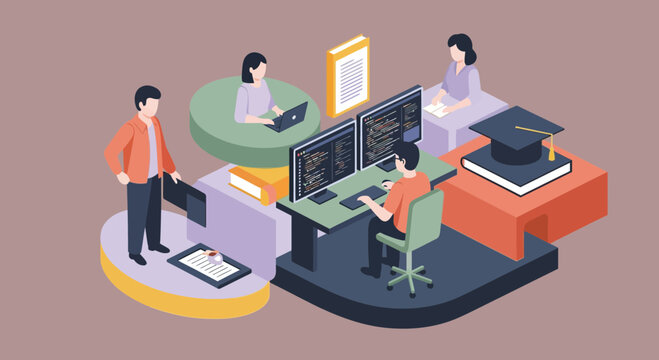 Isometric Computer Science Lab and Education Concept