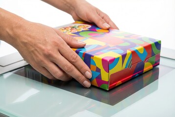 Fototapeta premium Cashier hands sliding a colorful box of cereal over a flatbed barcode scanner at a checkout