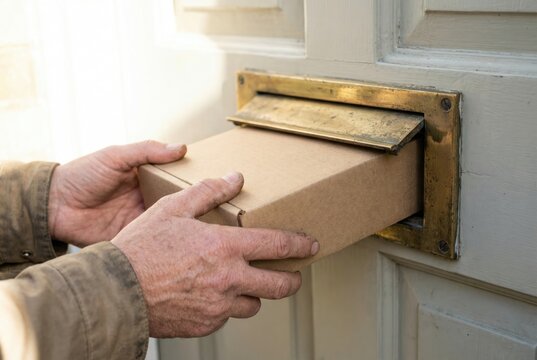 Delivery person pushing a small brown cardboard box through a brass letterbox in a front door