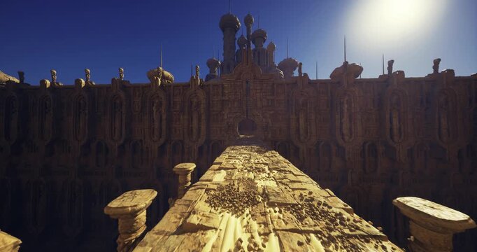 Sunlit temple arch with scattered coins. Warm golden hour rays pour through circular carved arch, illuminating piles of coins and stone reliefs, dust motes