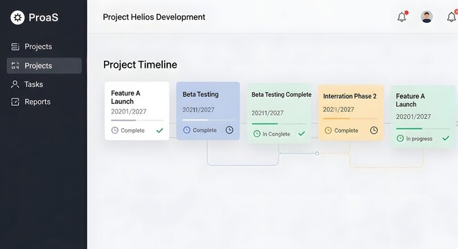 SaaS project timeline interface with milestone cards and dependency lines clean dashboard concept