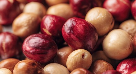 Obraz premium A close-up shot showcases a vibrant assortment of macadamia nuts in varying shades of red, brown, and cream, creating a textured and appetizing composition.