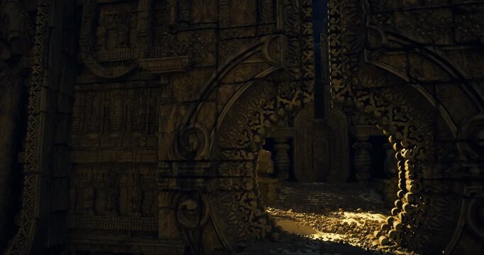 ornate portal rim reveals textured pattern, sunlight catches edges creating high contrast, conservator imagined cataloging motifs, scene tactile and detailed