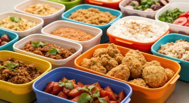 Close-up of various colorful containers filled with prepared meals, ready for storage