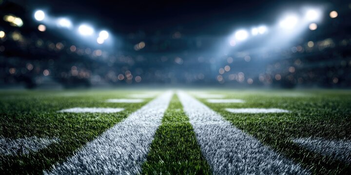 A dramatic, low-angle view of an illuminated American football field at night, showcasing the vibrant green grass and crisp white yard lines under powerful stadium lights.
