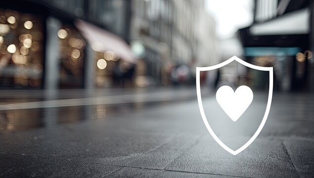 A white shield icon with a heart symbol prominently displayed on a blurred urban street background suggests protection, care, and security.