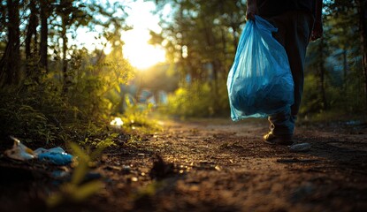 Naklejka premium A person walks along a forest path carrying a bag of collected trash, highlighting environmental cleanup efforts.