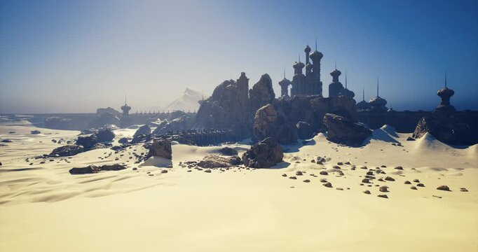 Sunlit desert cityscape with crumbling spires and windswept dunes, distant citadel silhouette beneath hazy golden sky, scattered sandstone rubble and eroded