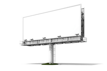 Obraz premium Blank white horizontal billboard on a metal pillar isolated on a white background. Outdoor advertising hoarding mockup for commercial branding and marketing presentations