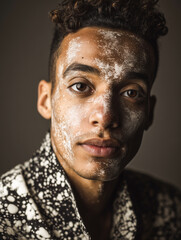 Fototapeta premium Close up portrait of a young man with vitiligo skin condition on his face. Professional studio shot focusing on diversity, body positivity, and unique beauty. Inclusive male portrait