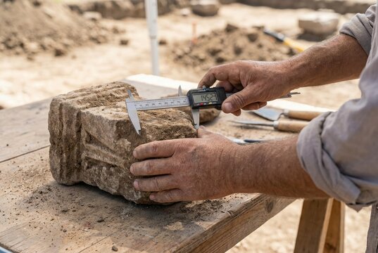 Archaeologist using digital calipers to precisely measure an excavated carved stone artifact