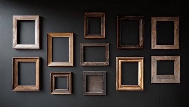A collection of diverse wooden and antique picture frames are artfully arranged on a dark gray wall, creating a gallery-like display.