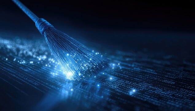 A vibrant fiber optic cable transmits data streams represented as glowing binary code against a dark background, symbolizing high-speed internet and digital connectivity.
