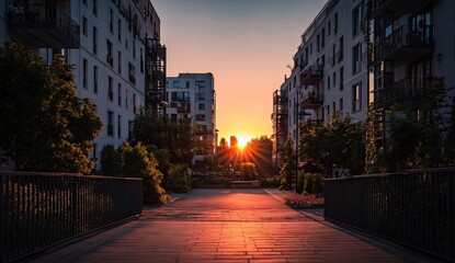 Fototapeta premium A sunburst illuminates a modern residential street at dusk, framed by contemporary buildings.