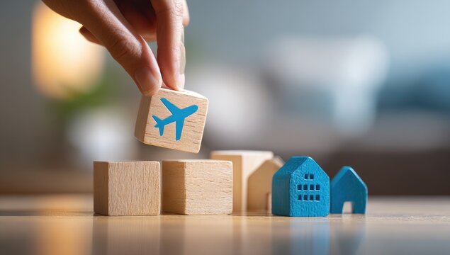 A hand carefully places a wooden block with an airplane icon atop a stack of wooden blocks representing houses, symbolizing travel and real estate investment.