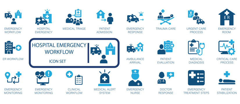 Comprehensive set of hospital emergency icons for medical services, patient care, and critical incident management, perfect for healthcare applications and infographics