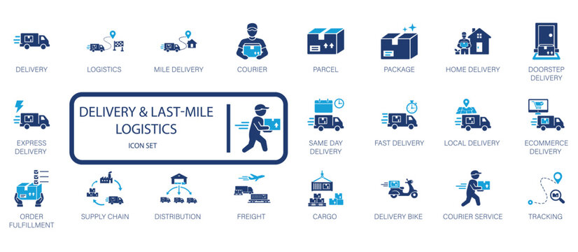 Delivery and Last-Mile Logistics Icons Set Featuring Services like Shipping, Freight, Courier, and Order Fulfillment for Efficient Supply Chain Management and E-commerce Operations