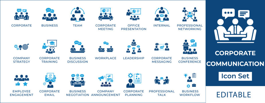 Comprehensive icon set representing modern corporate communication, business strategy, team collaboration, and professional networking concepts for various digital applications
