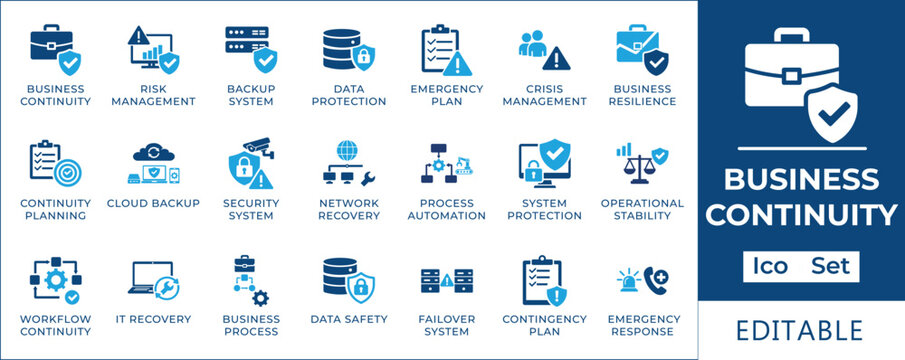 Comprehensive collection of digital icons illustrating robust strategies for organizational resilience, data management, and operational stability to ensure seamless enterprise continuity