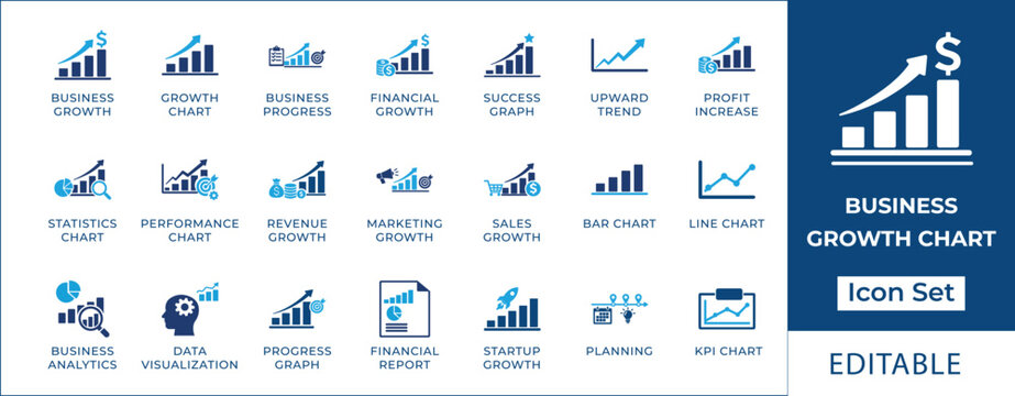 Essential vector icon set for business growth, financial analysis, and market trends, featuring diverse charts and graphs for data visualization and performance