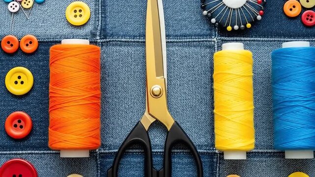 Sewing and tailoring tools arranged on denim fabric background, top view.