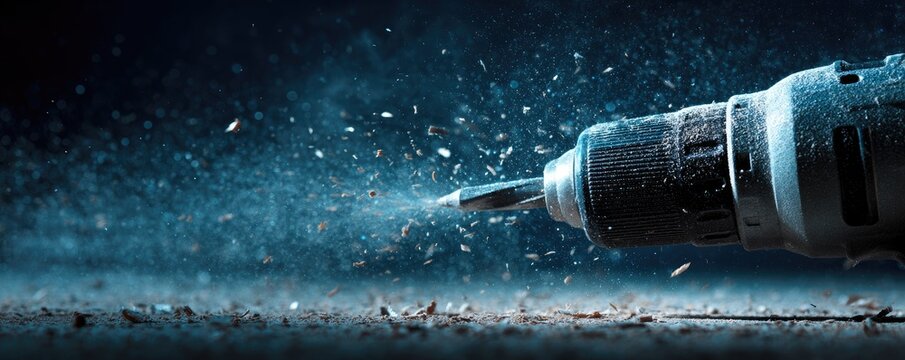 Close-up of a powerful drill bit creating dust and debris.