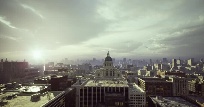 midday city skyline with dome and clear sky, bright sun casting sharp shadows across downtown blocks and institutional buildings, crisp architectural details