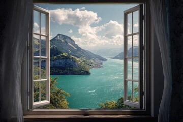 An open window frames a breathtaking view of a turquoise lake nestled amongst lush green mountains under a partly cloudy sky. © Muzammil