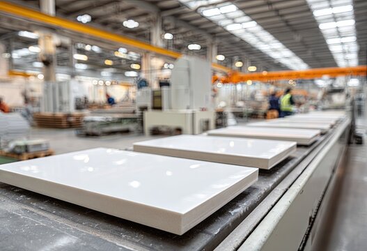 A close-up view showcases several white marble slabs resting on a conveyor belt within a bustling stone fabrication factory, highlighting the industrial process of preparing materials.