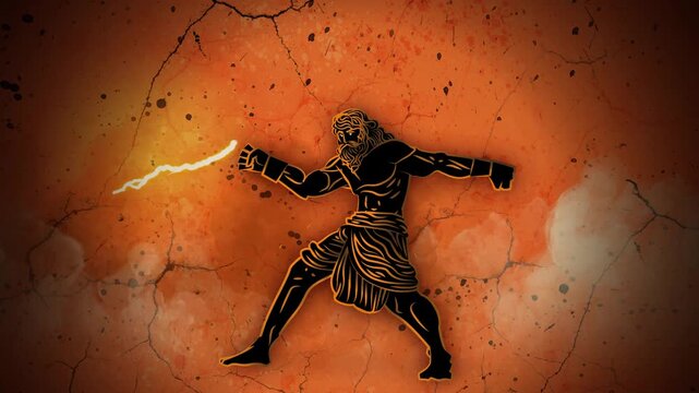 zeus jupiter greek god throwing lightning in ancient orange vase style