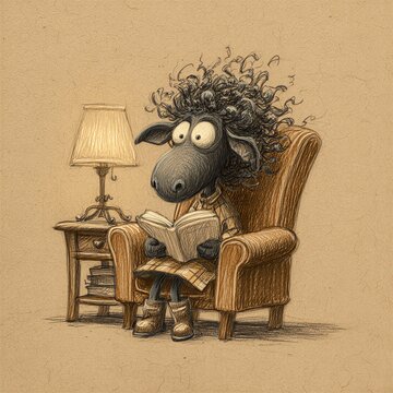 A charming illustration of a sheep engrossed in a book.